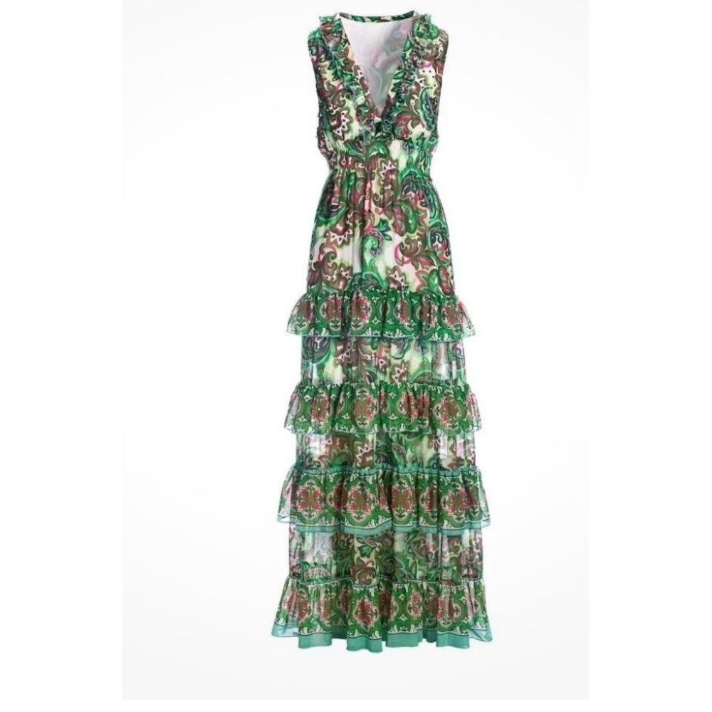 Boston Proper Palma de Scrolls Print Ruffle Maxi Dress Green Pink Sequin Size M - Picture 2 of 13